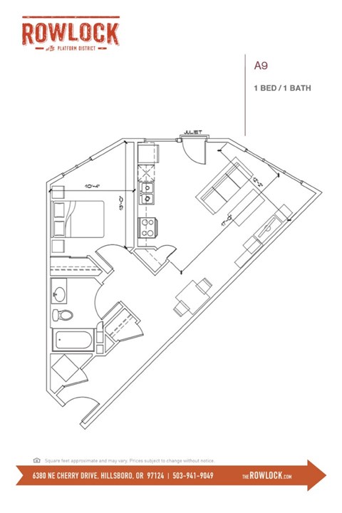 Floor plan for 1 bed, 1 bath, 699 sqft